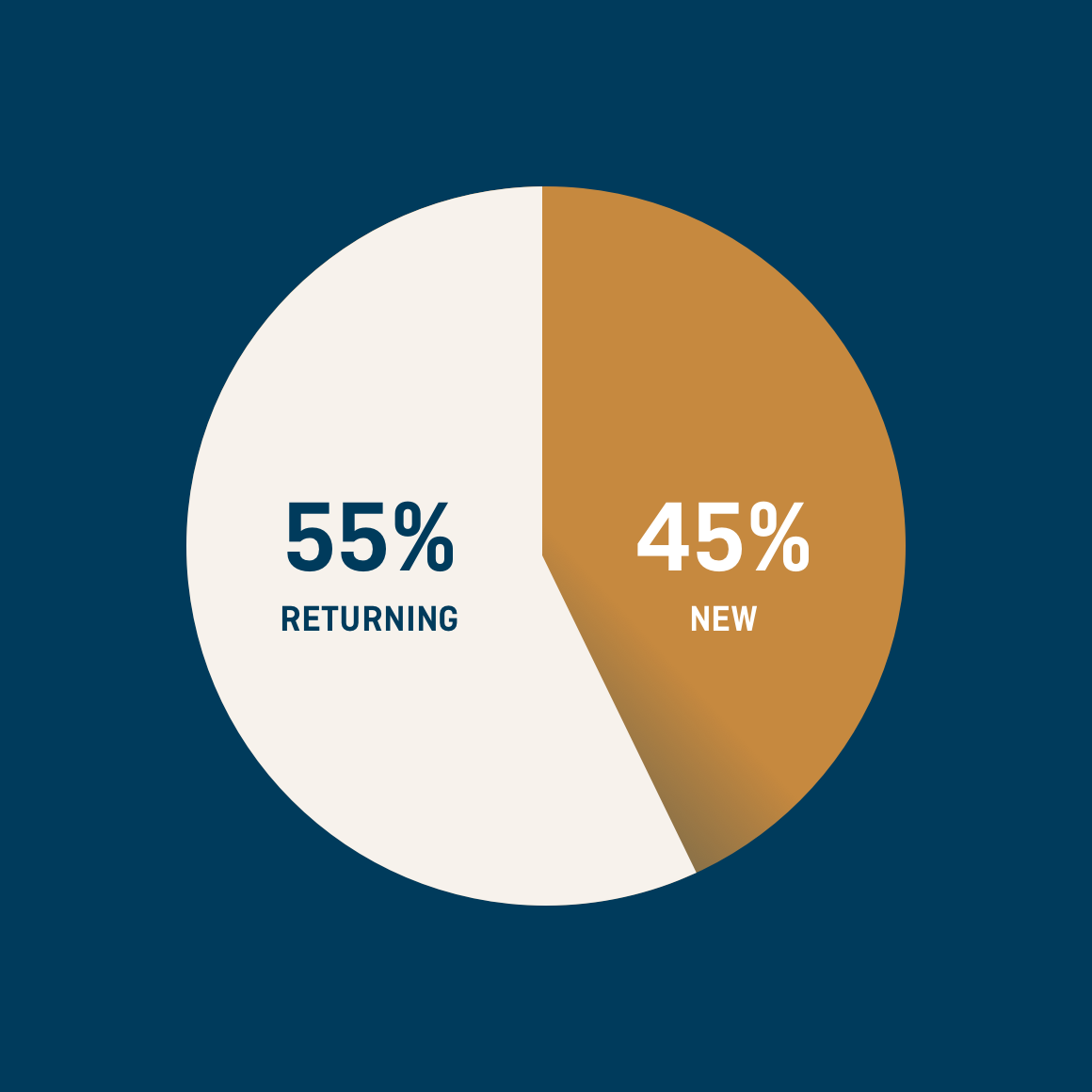 Pie chart showing user type 55% returning and 45% new