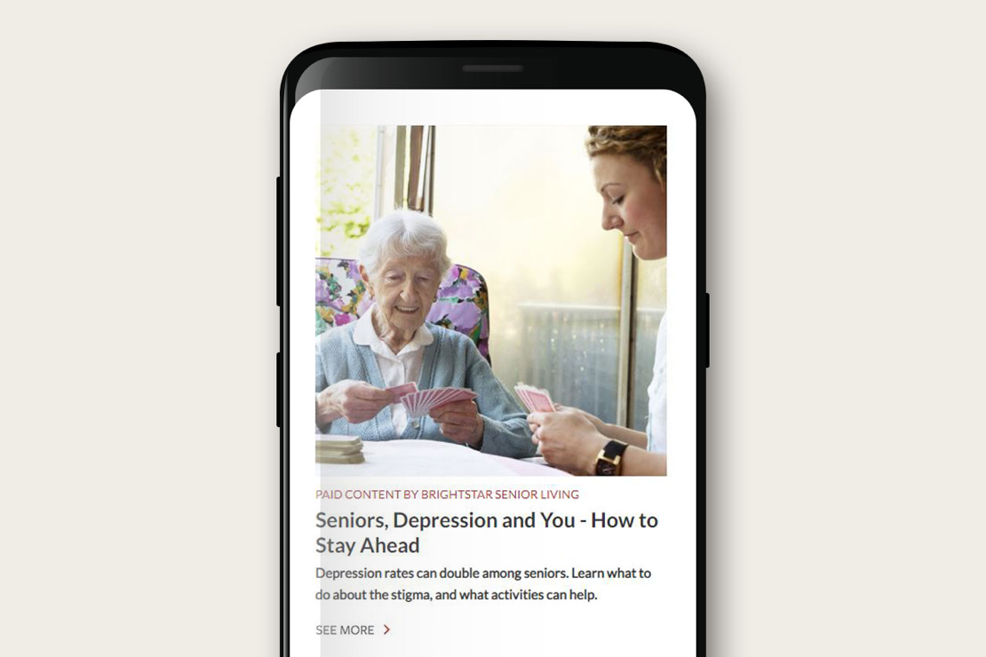 Mobile phone featuring display ad for BrightStar Senior Living
