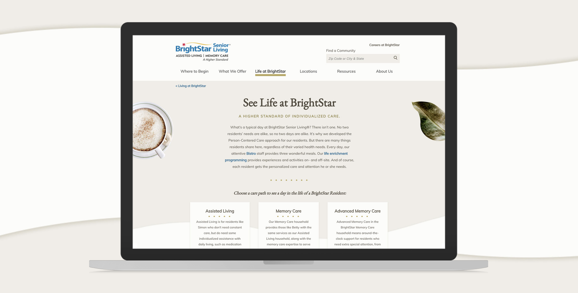 Laptop featuring 'See Life at BrightStar' page on BSL website