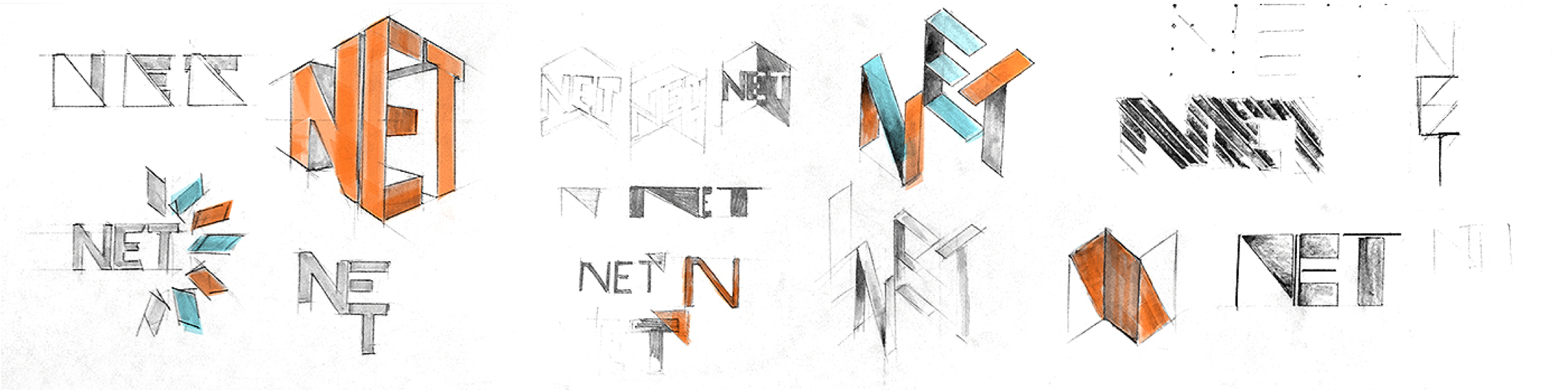 Sketches of original concepts for NET logo
